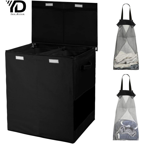 YesDrive Double Laundry Basket With Cover And Detachable Laundry Bag, Dirt Resistant, 160L, Two
